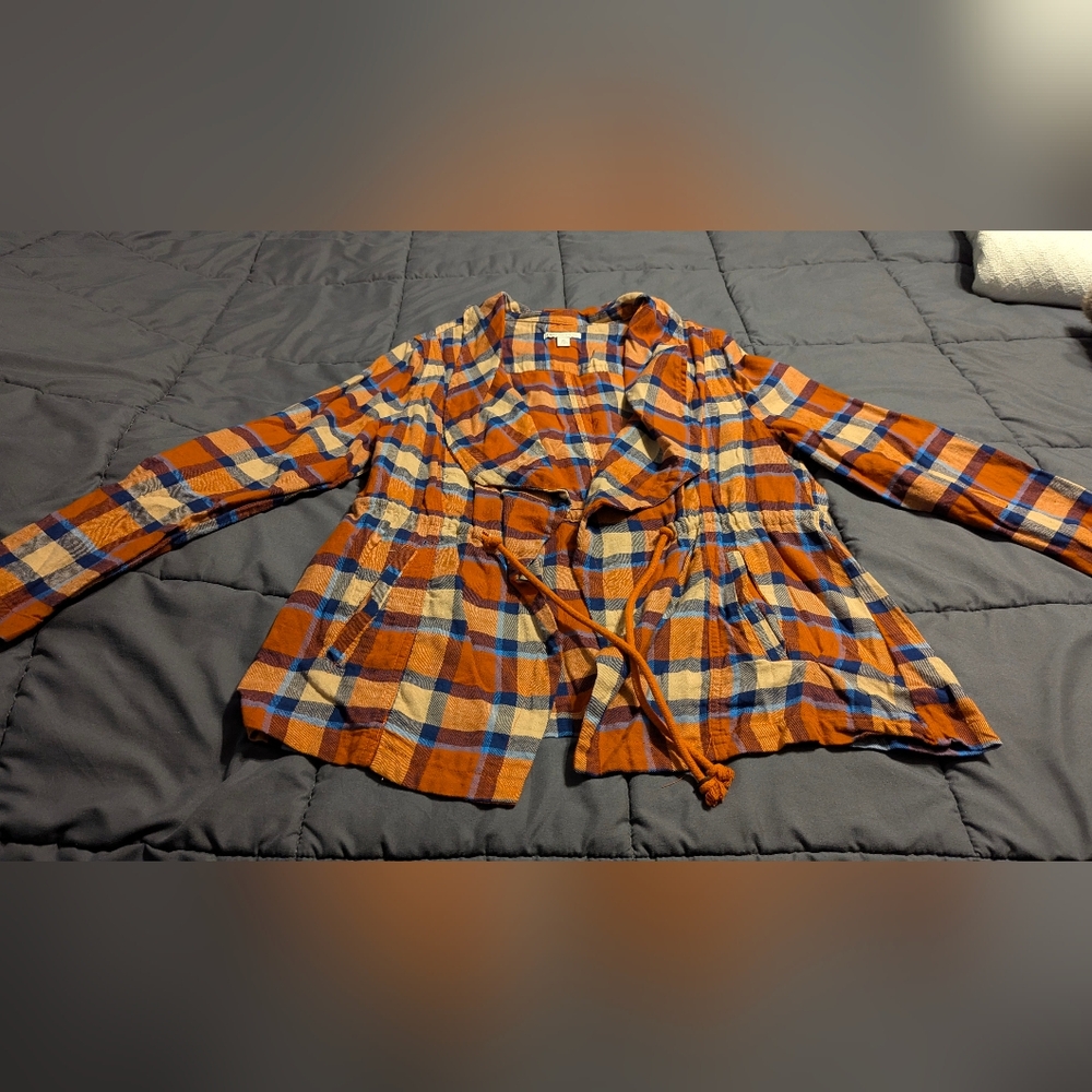CATO Women's Plaid Orange and Blue Draw String Lightweight Overshirt Size XL